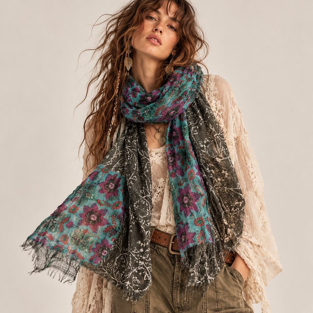 Lucky Brand Wool Gauzy Floral Teal Magenta Scarf Fairy Boho Artsy Whimsigtoh
